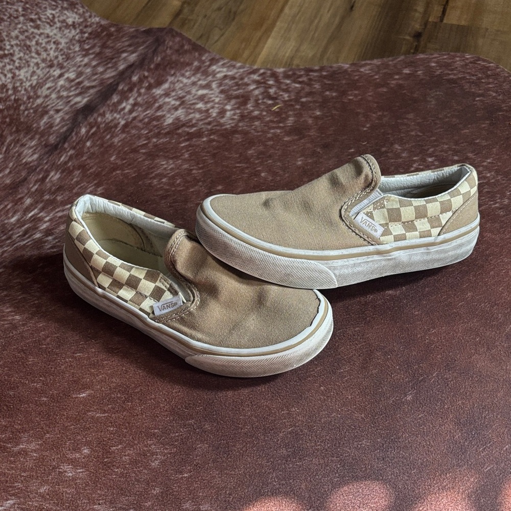 Vans Beige and White Checkered Slip-Ons